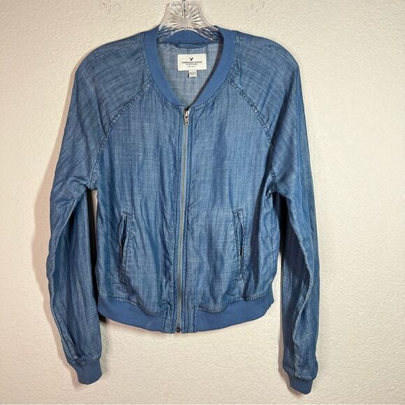 American Eagle Outfitters Blue Denim Chambray Zip Up Jacket Women's Small - Picture 1 of 6